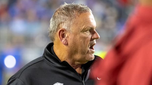 Razorbacks coach Sam Pittman on sidelines against Ole Miss on Saturday night